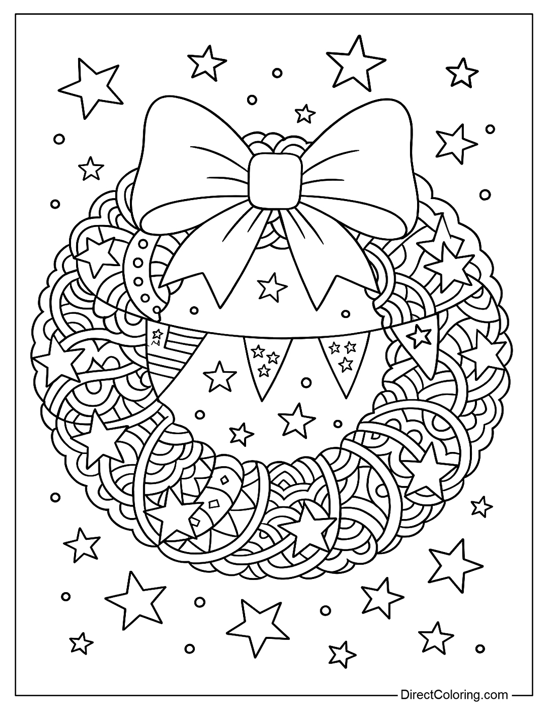 A coloring page with a hanging wreath with bows, small flags, stars, and intricate repeating patterns